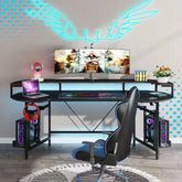 Halseey 75 In. Black Wood and Metal Computer Desk Writing Gaming Desk with Led Strip Monitor Stand